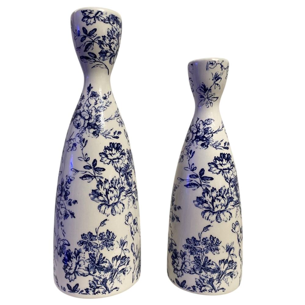Blue & White Chinoiserie Ceramic Candle Holder Set of 2 - Picture 2 of 3